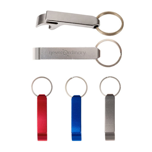 A drink bottle opener keytag in silver, red, and blue, featuring a keyring and a branding logo.