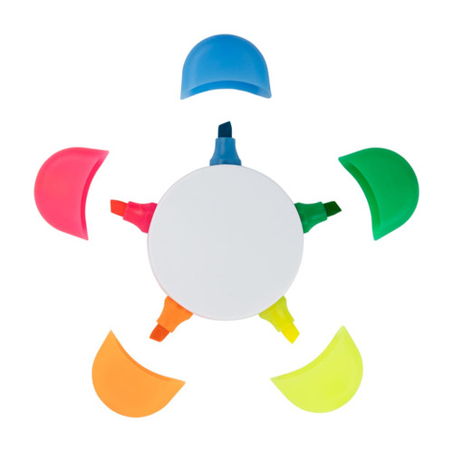 A circular highlighter set featuring six different coloured highlighters: pink, orange, yellow, green, blue, and purple, with caps.