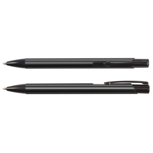 A black metal pen is displayed from different angles, featuring a sleek design and a subtle logo.