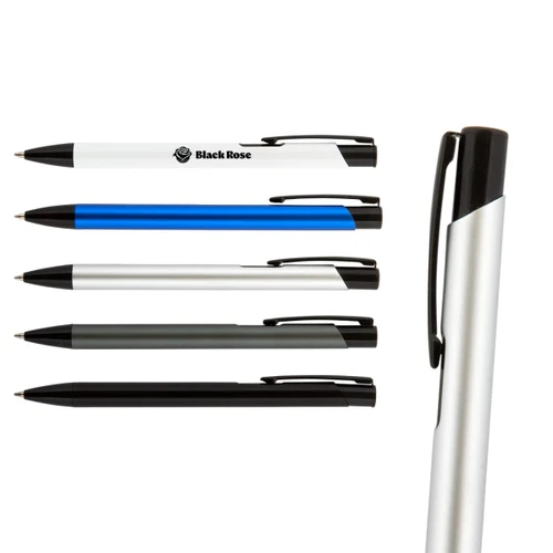 A selection of pens in various colours including black, blue, silver, and white, with a branding logo on one pen.