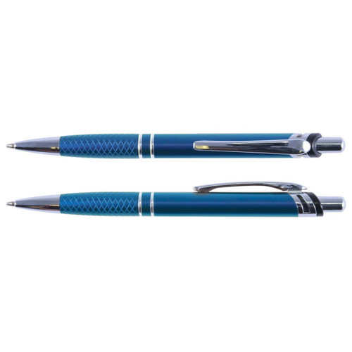 A metal pen in teal and silver, featuring a textured grip and a sleek design. It has a logo visible on its body.