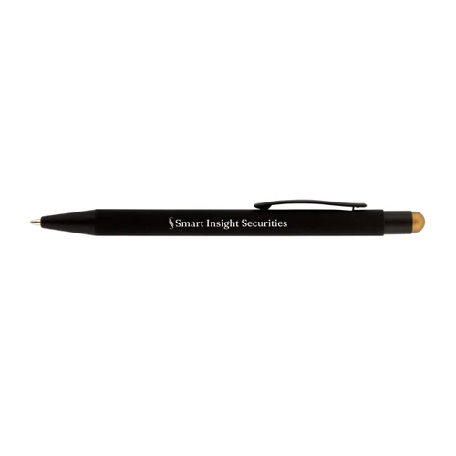 A black pen with a stylus tip and a clip, featuring a logo on the barrel.