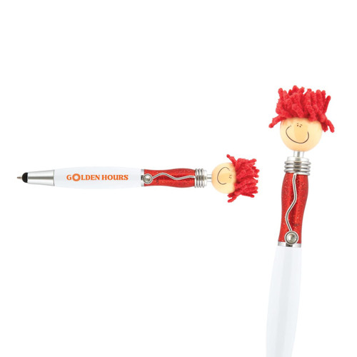A stylus pen with a red-haired character topper, featuring a glittery red and white design. Includes a logo.