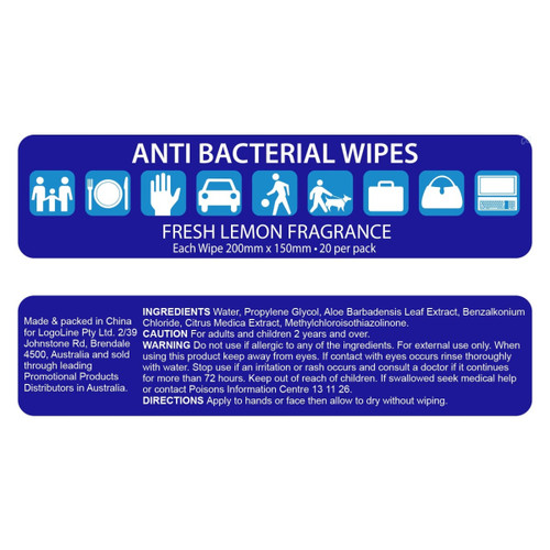 A pack of antibacterial wet wipes featuring fresh lemon fragrance, blue and white packaging, with a logo.