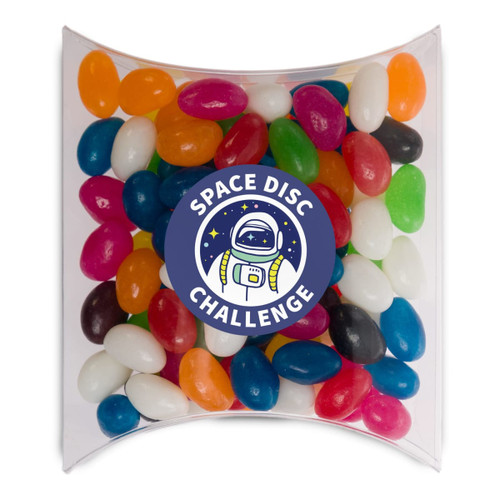 Assorted jelly beans in various colours contained in a pillow pack, featuring a logo on the front.