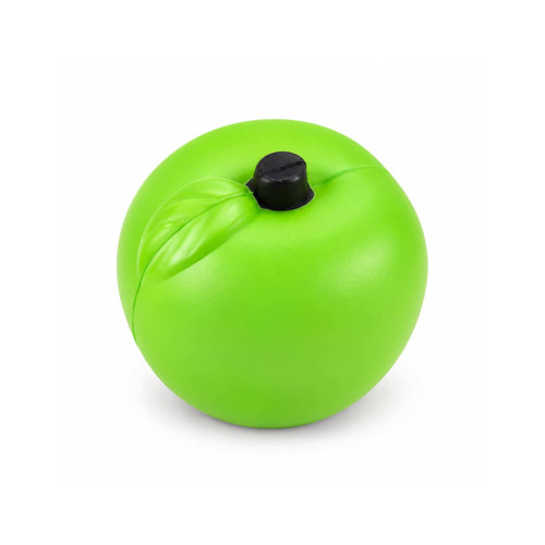 A green apple-shaped stress reliever with a textured leaf and a black nozzle on top.