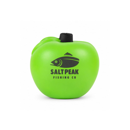 A green apple-shaped stress reliever with a logo on the front, resembling a fishing company branding.