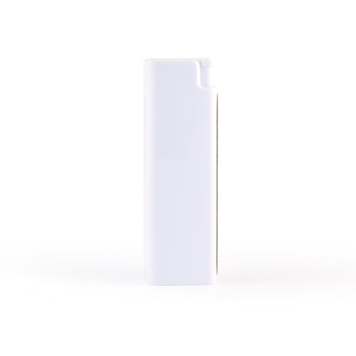 A white rectangular spray bottle for cleaning screens, featuring a sleek design and an attached cleaning cloth.