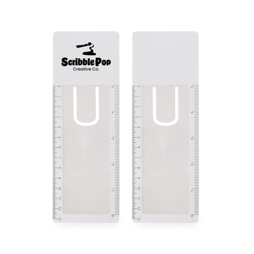 A translucent white bookmark magnifier ruler with a logo, featuring measurement markings on one side.