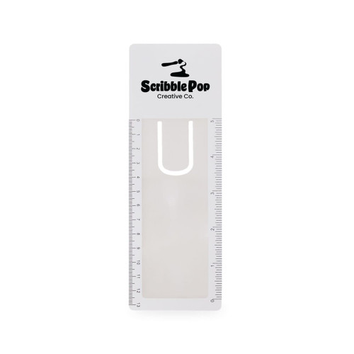 A transparent bookmark magnifier ruler with a white design and a branding logo at the top.