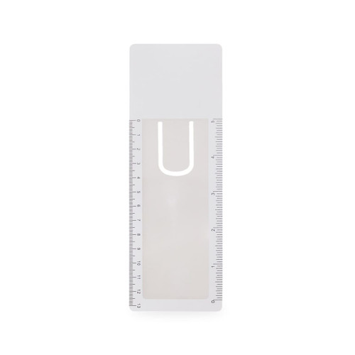 A white bookmark magnifier ruler featuring a clear central magnifying section and ruler markings on the edges.