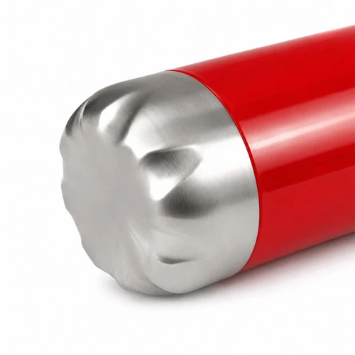 A drink bottle featuring a shiny stainless steel cap and a vibrant red body, with a logo visible on the side.