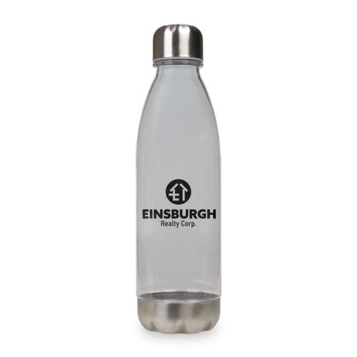 A drink bottle made of clear plastic with a stainless steel lid and a logo on the front.