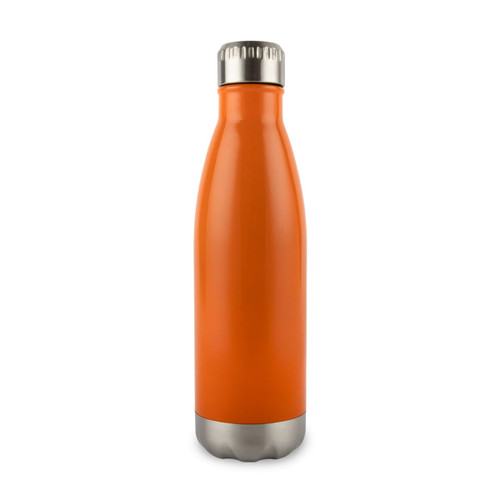 A drink bottle in vibrant orange, featuring a stainless steel base and a silver top, with a logo.
