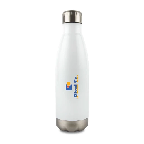 A drink bottle in white stainless steel with a silver base and a logo.