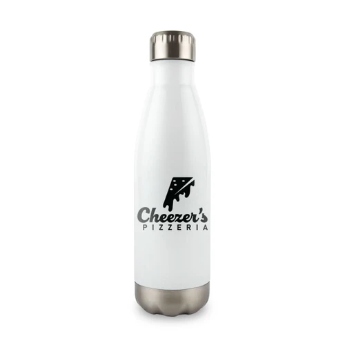 A drink bottle in white with a stainless steel base and a logo design on the front.