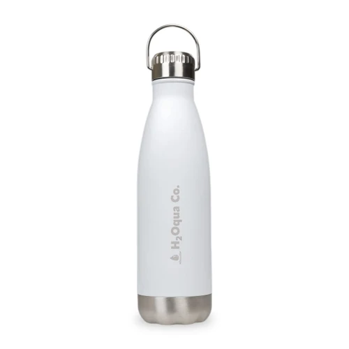 A drink bottle in white with a stainless steel bottom and a hanger lid, featuring a logo.