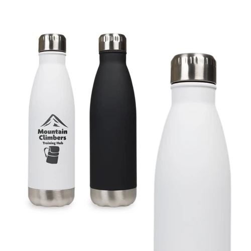 A drink bottle featuring a sleek, stainless steel design in black and white, with a logo displayed on the white bottle.