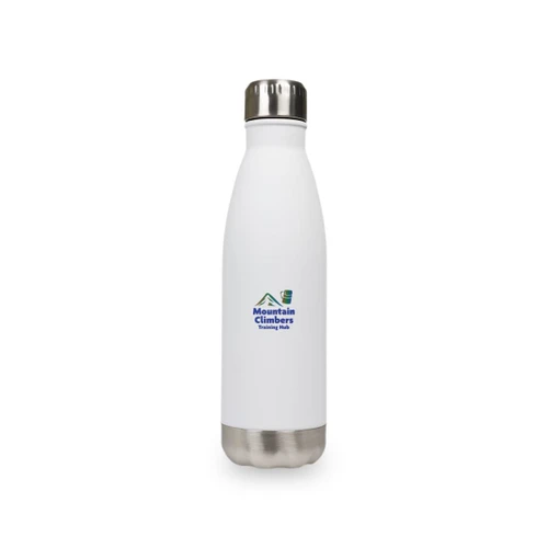 A drink bottle with a sleek white finish and a stainless steel base, featuring a logo on the front.