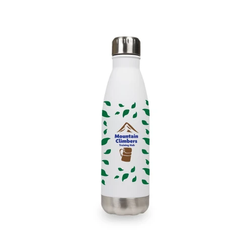 A drink bottle in white with green leaves and a stainless steel bottom, featuring a logo.