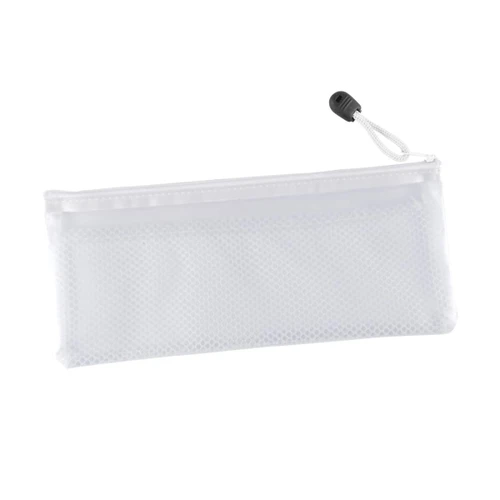 A transparent white pencil case with a zip closure and a drawstring, featuring a textured mesh design.