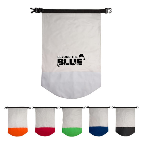A waterproof bag in white with a black logo, featuring various coloured bottoms including orange, red, green, and blue.