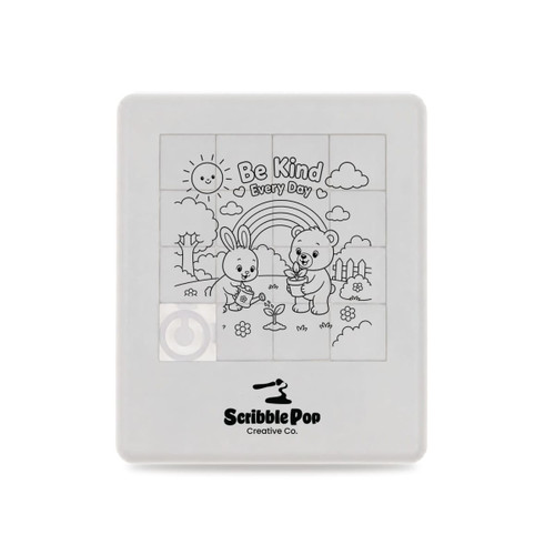 A sliding tile puzzle featuring a black and white illustration of animals in a garden with a sun and rainbow. The puzzle has a logo.