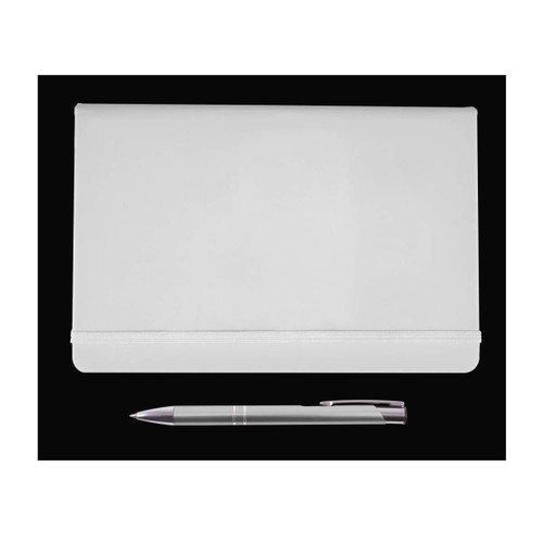 A sleek white portfolio accompanied by a silver pen. The portfolio features a smooth, minimalist design.