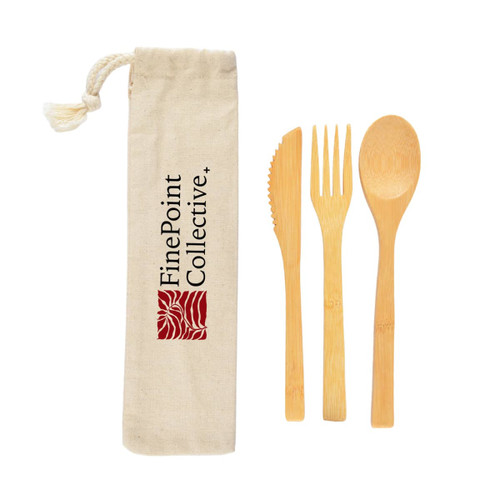 A bamboo cutlery set in a calico pouch, featuring a knife, fork, and spoon. The pouch has a logo.