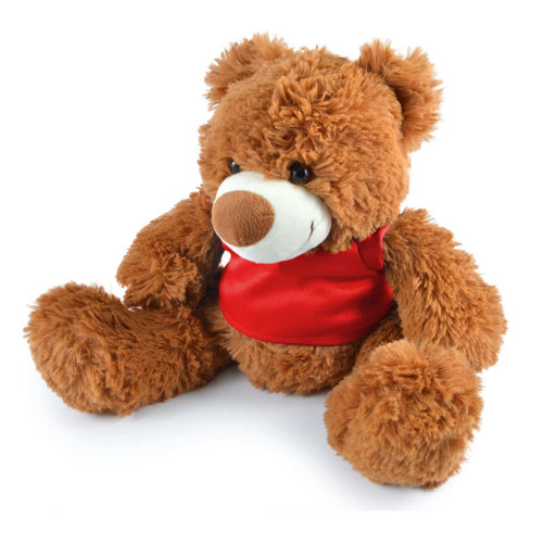 A plush teddy bear with a brown fur coat and a red vest, featuring a round snout and large paws.