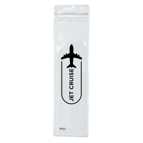 A clear packaging containing a charging cable with a logo featuring an airplane design.