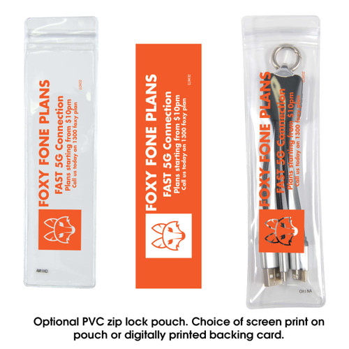 A transparent PVC zip lock pouch containing a backing card and keychain accessories, featuring orange and white colors.