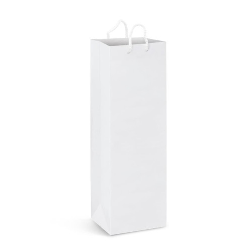 A white laminated paper wine bag with two white handles and a branding logo.