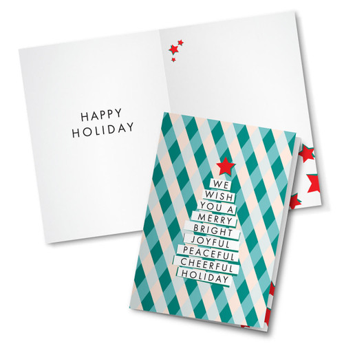 An A5 gift card with a geometric design featuring teal, white, and red, displaying a festive holiday message inside.