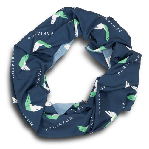 A blue infinity scarf featuring green and white designs, with a logo and branding present.
