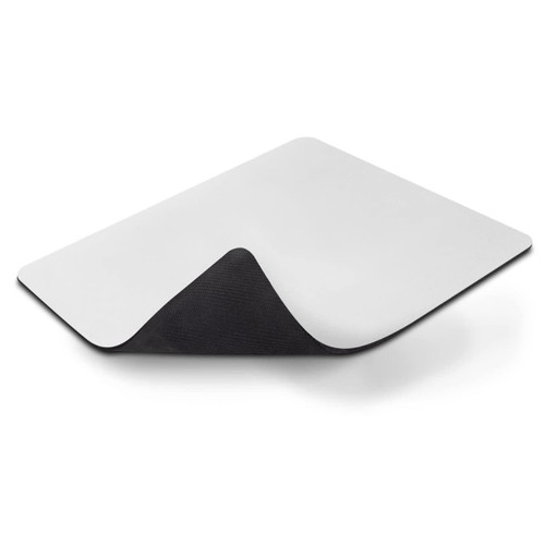 A white deluxe mouse mat with a black underside, featuring a smooth surface and a slight curve at one edge.