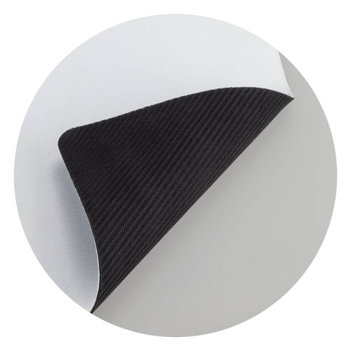 A mouse mat featuring a textured black underside and a smooth white surface, designed for office use.