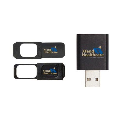 A black USB flash drive with removable privacy covers, featuring a logo on the surface.