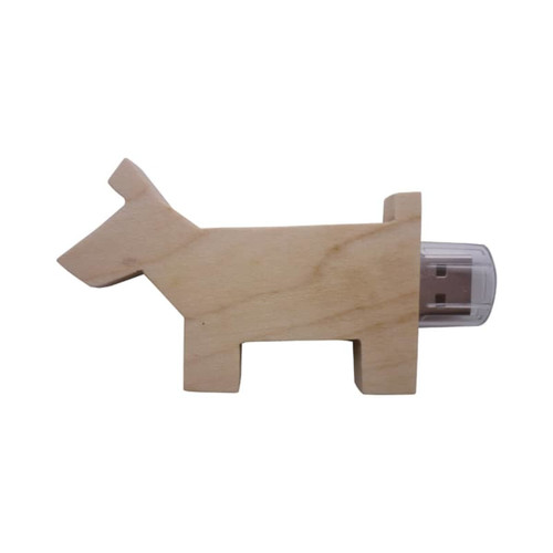A wooden dog-shaped flash drive with a transparent USB connector, featuring a natural wood finish.