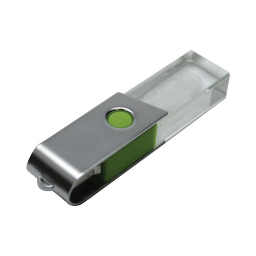 A silver and green 3D crystal swivel flash drive with a clear casing and a logo on the side.