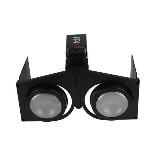 A pair of black VR fold glasses featuring large lenses and a central connection piece. Branding is present.