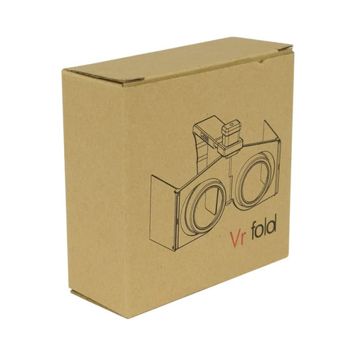 A brown cardboard box containing VR Fold Glasses, featuring a simple design and a logo on the front.