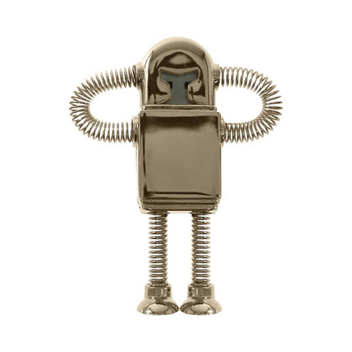 A metallic robot-shaped flash drive with flexible coil arms and legs, featuring a shiny silver finish.