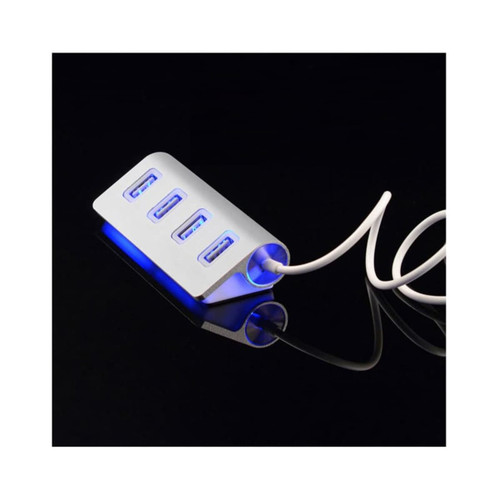 A silver USB hub with four ports and blue LED lighting, featuring a white cable. Includes a branding logo.