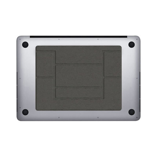 A slim laptop stand with a textured grey surface and a silver metal frame, featuring multiple compartments.