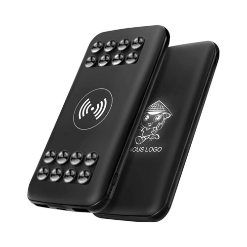 A black wireless power bank with a textured surface and a logo, featuring an 8000 mAh capacity.