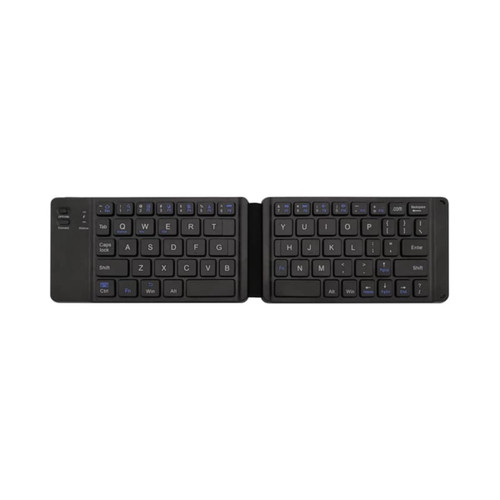 A foldable Bluetooth keyboard in black, featuring a compact design with standard keys and a side logo.