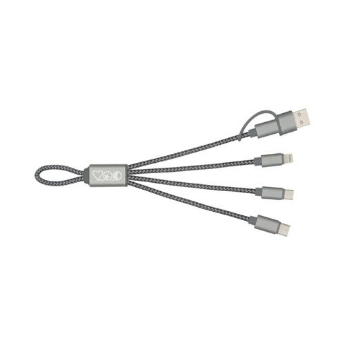 A grey charging cable with three connectors, featuring a braided design and a logo.