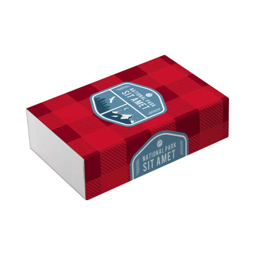 A red and white checkered packaging box with a logo on the front.