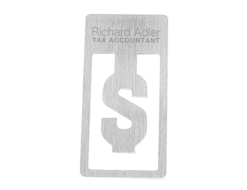 A silver business card featuring a dollar sign cut-out design and branding.